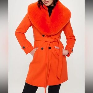 Faux Fur Trim Double Breasted Mid Length Coat